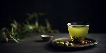 Glass cup with traditional Japanese green colored matcha tea served on table.の素材
