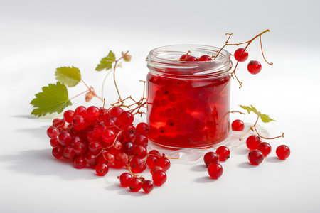 Fresh berries of red currant in the glass jar surrounded with fresh berriesの素材