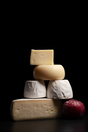 Assortment of cheeses. Various types of cheese on dark background.の素材