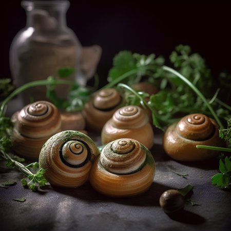 Escargot snails on the table in rustic kitchen. French traditional foodの素材