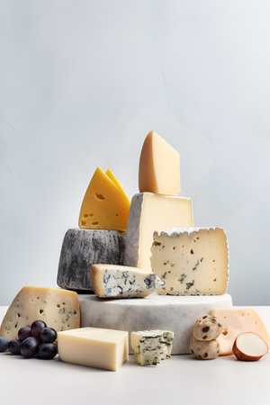 Assortment of cheeses. Various types of cheese on white background.の素材