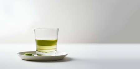 Freshly brewed green leaf tea in glass cup on the table. Space for text.の素材