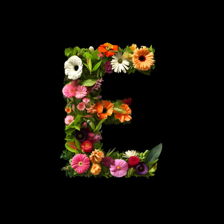 Letter E made of flowers and plants on black background. Flower font concept.の素材