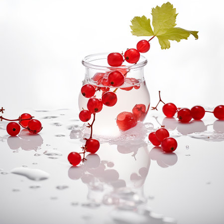 Fresh berries of red currant in the glass jar with water surrounded with fresh berries on white backgroundの素材