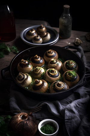 Escargots de Bourgogne - baked snails with garlic, butter and basil. French traditional foodの素材