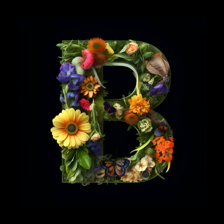 Letter B made of flowers and plants on black background. Flower font concept.の素材