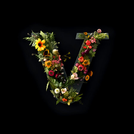Letter V made of flowers and plants on black background. Flower font concept.の素材