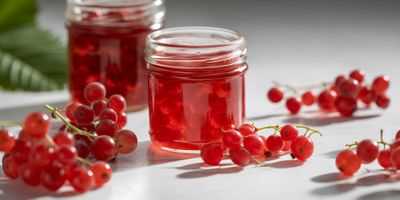 Homemade red currant preserves or jam in a glass jar surrounded by fresh berriesの素材
