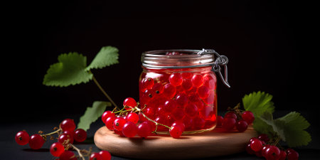 Fresh berries of red currant in the glass jar surrounded with fresh berries on black backgroundの素材