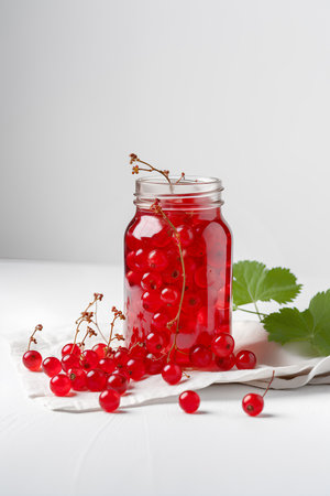 Fresh berries of red currant in the glass jar surrounded with fresh berries on white backgroundの素材