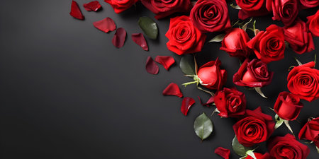 Natural red roses on black background with space for text. Generative AIの素材