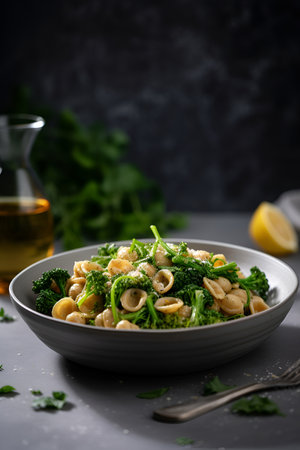 Orecchiette pasta with Broccoli Rabe on the plate on the table.の素材