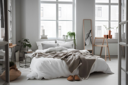 Scandi style bedroom interior with bed in modern house. Generative AI contentの素材