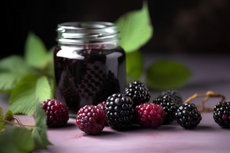 Homemade blackberry preserves or jam in a glass jar surrounded by fresh berries.の素材