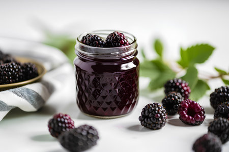 Homemade blackberry preserves or jam in a glass jar surrounded by fresh berries.の素材
