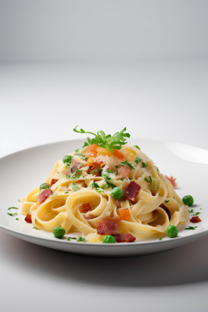 Homemade pasta with bacon and vegetables on the plate. Italian food.の素材