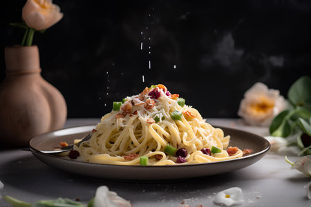 Homemade pasta with bacon and vegetables on the plate. Italian food.の素材
