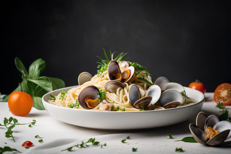 Seafood pasta with clams Spaghetti alle Vongole on a plate. Dark backgroundの素材