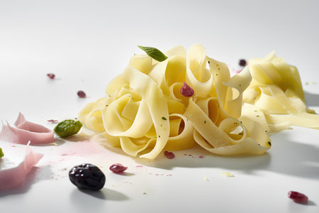 Homemade tagliatelle pasta on white background. Italian food. Generative AI contentの素材