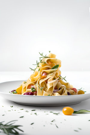 Homemade tagliatelle pasta on a plate on white background. Italian food. Generative AI contentの素材