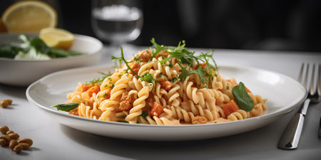 Fusilli pasta with bottarga and arugula. Italian Food. Generative AI contentの素材