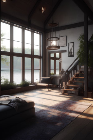 Modern lake house interior. Generative AI contentの素材