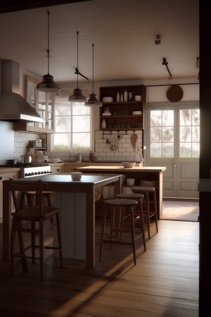 Kitchen in the modern lake house. Generative AI contentの素材