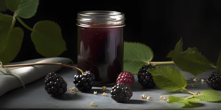 Homemade blackberry preserves or jam in a glass jar surrounded by fresh berries.の素材