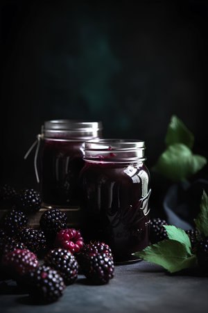 Homemade blackberry preserves or jam in a glass jar surrounded by fresh berries.の素材