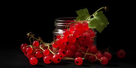 Fresh berries of red currant in the glass jar surrounded with fresh berries on black backgroundの素材