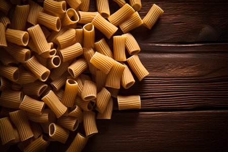 Raw rigatoni pasta on wooden background. AI generatedの素材
