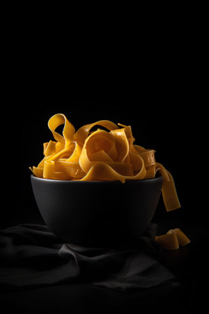 Raw pappardelle pasta in a bowl isolated on black background as package design element. AI generatedの素材
