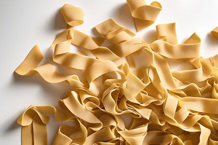 Raw pappardelle pasta isolated on white background as package design element. Flat lay, top view.の素材