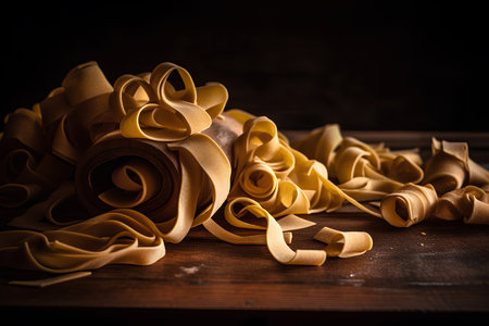 Raw homemade pappardelle pasta on wooden background. AI generatedの素材