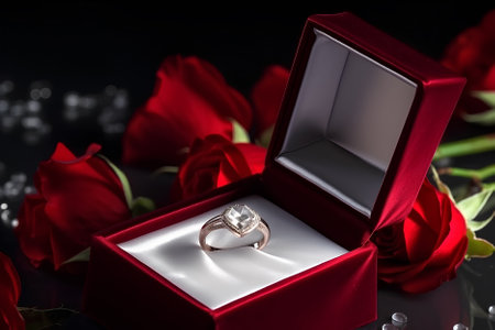 Diamond ring in its box, surrounded by red rosesの素材