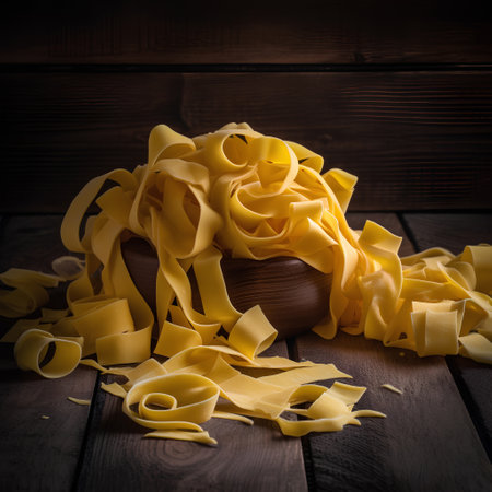 Raw homemade pappardelle pasta on wooden background. AI generatedの素材