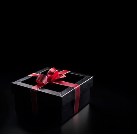 Black gift box with red satin ribbon bow isolated on black with space for text.の素材