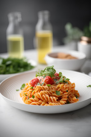 Pasta with tomato sauce on a plate. Italian food.の素材