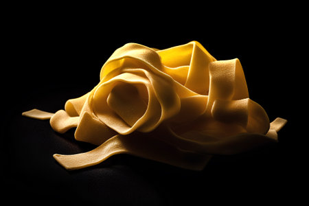 Raw tagliatelle pasta isolated on black background as package design element.の素材