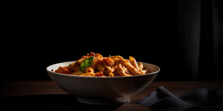Penne pasta with tomato sauce on a black plate on black background. Traditional Italian pasta. Italian food.の素材