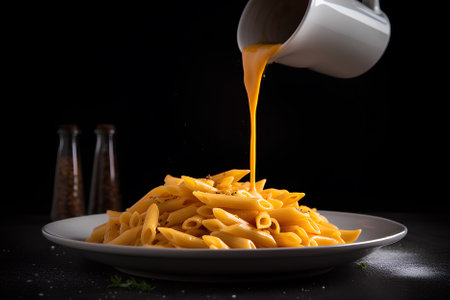 Pouring sauce on Penne pasta on a plate on black background. Traditional Italian pasta. Italian food.の素材