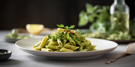 Penne pasta with pesto on a plate. Traditional Italian pasta. Italian food.の素材