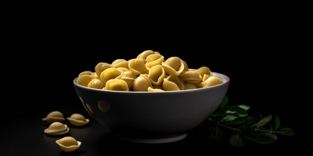 Orecchiette pasta in a bowl  isolated on black background as package design element.の素材