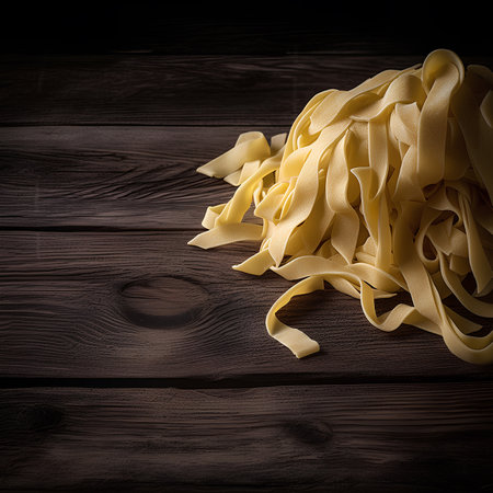 Raw tagliatelle pasta on wooden backgroundの素材