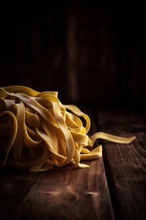 Raw tagliatelle pasta on wooden backgroundの素材