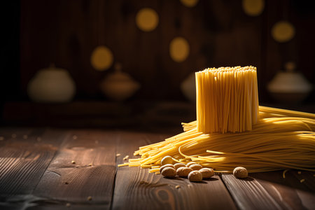 Raw spaghetti pasta on wooden backgroundの素材