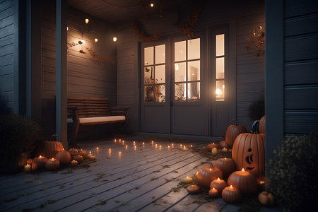 Porch of the house decorated with pumpkins for Halloweenの素材