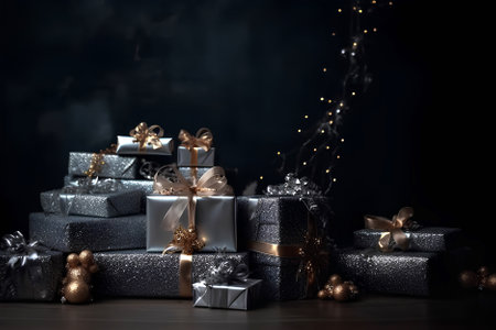 Christmas theme. Many gift boxes wrapped in silver colored paper with ribbons. Christmas tree on background. Dark background with bokehの素材