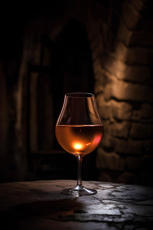 Glass of cognac on the table in the cellar of traditional winery.の素材