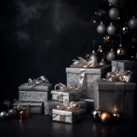 Christmas theme. Many gift boxes wrapped in silver colored paper with ribbons. Christmas tree on background. Dark background with bokehの素材
